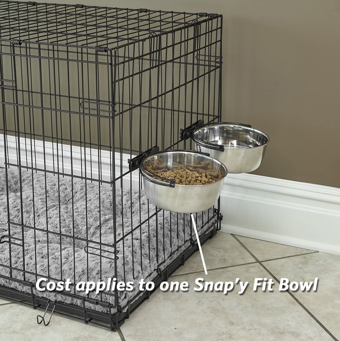 Snap Fit Stainless Steel Food or Water Bowl, Holds 10 Ounces, Mounts to Wire Crates, No-Tip Design, Rust-Resistant, for Small Dogs and Cats
