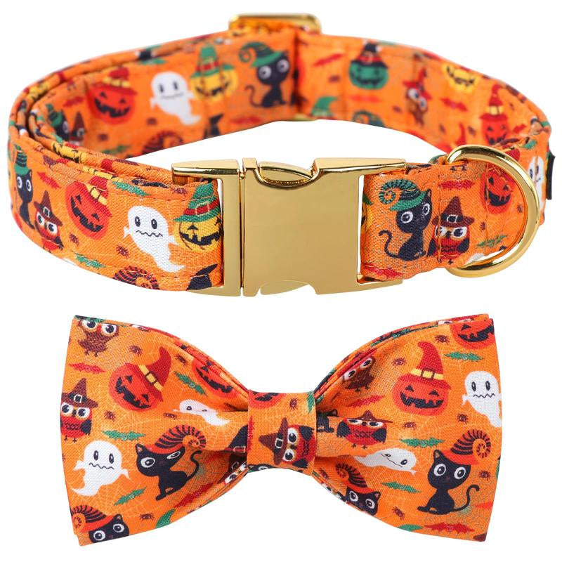 Maca Bates Halloween Dog Collar, Adjustable Ghost & Pumpkin Collar with Bowtie, Birthday Gift for Dogs of All Sizes