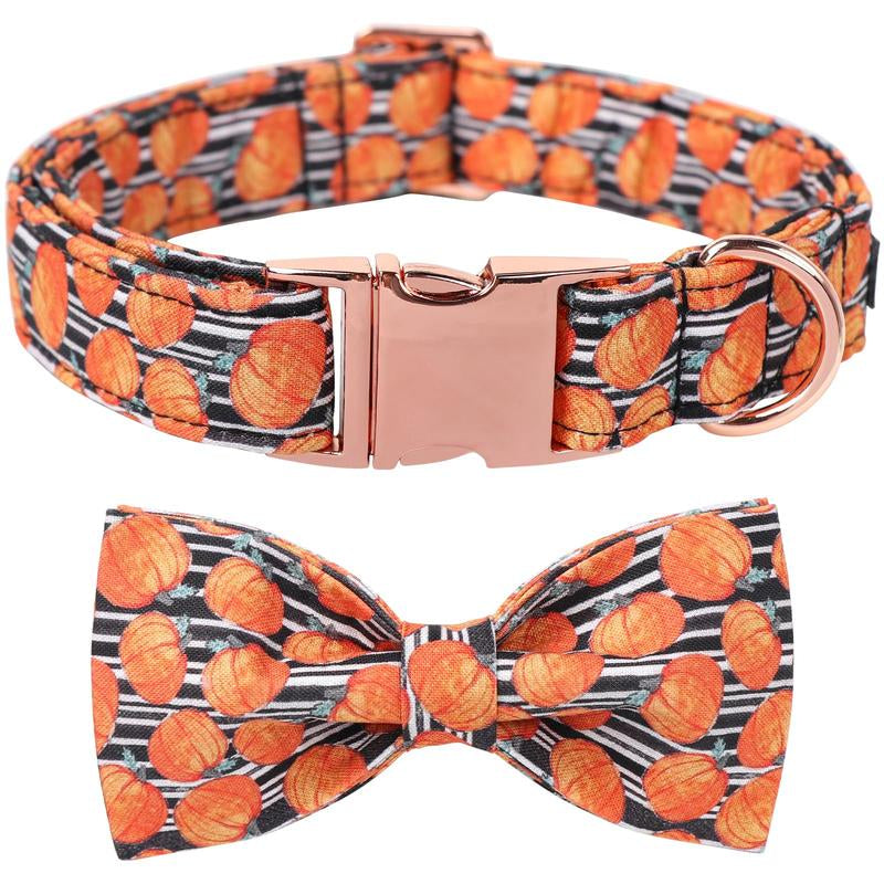 Maca Bates Halloween Dog Collar, Adjustable Ghost & Pumpkin Collar with Bowtie, Birthday Gift for Dogs of All Sizes