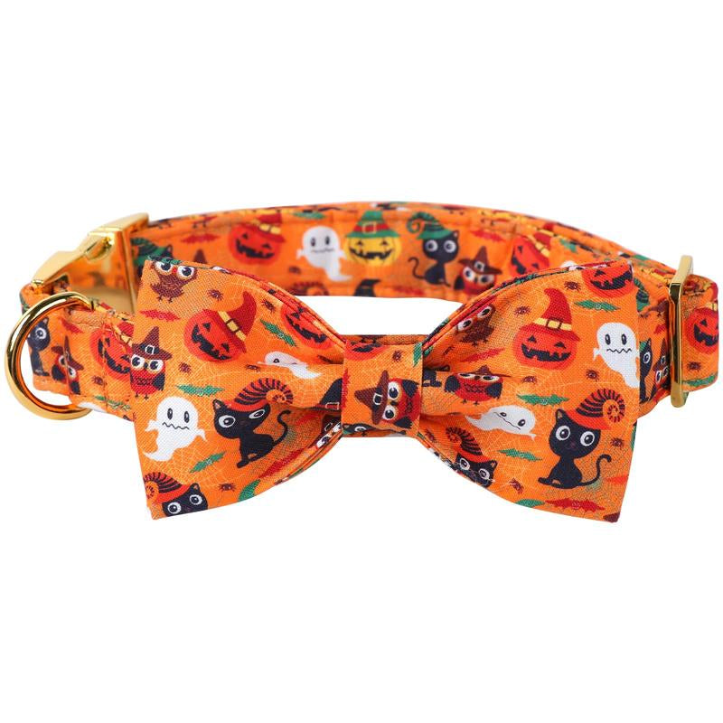 Maca Bates Halloween Dog Collar, Adjustable Ghost & Pumpkin Collar with Bowtie, Birthday Gift for Dogs of All Sizes