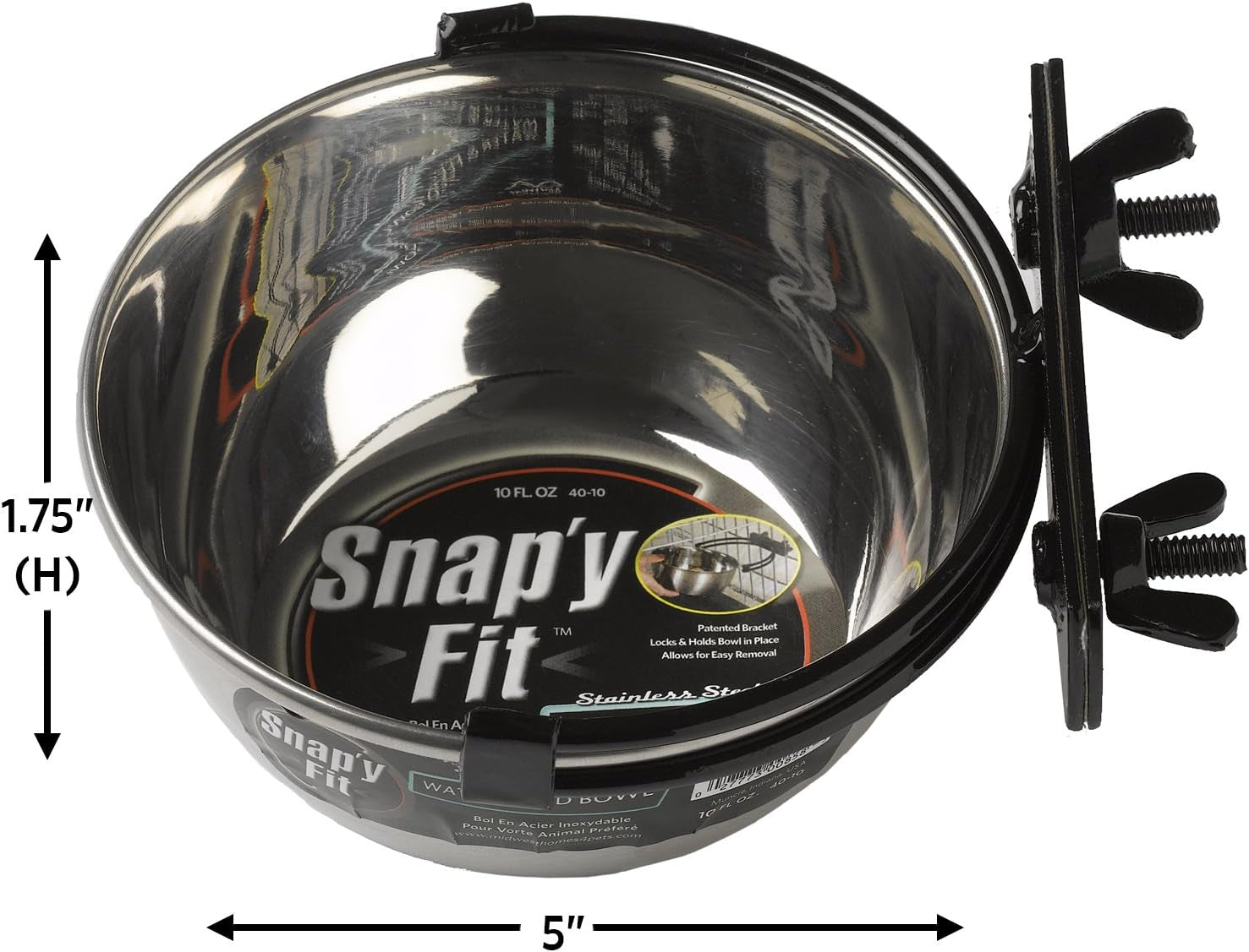 Snap Fit Stainless Steel Food or Water Bowl, Holds 10 Ounces, Mounts to Wire Crates, No-Tip Design, Rust-Resistant, for Small Dogs and Cats
