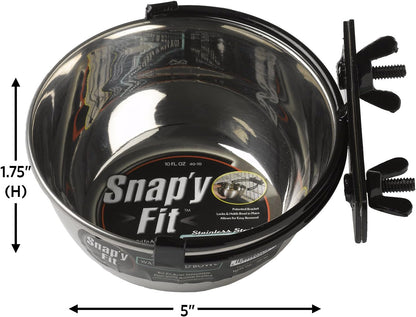 Snap Fit Stainless Steel Food or Water Bowl, Holds 10 Ounces, Mounts to Wire Crates, No-Tip Design, Rust-Resistant, for Small Dogs and Cats