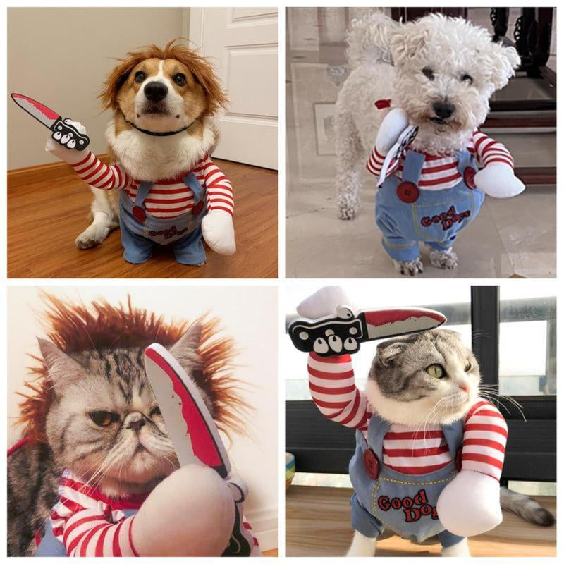 2025 New Funny Dog Costume with Pet Wig, Role Play Horror Costume with Knife, Creative Pet Costume Suitable for Small, Medium and Large Dogs, Cats and Puppies, Halloween Costume Funny