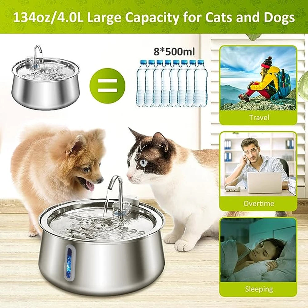 4L Cat Water Fountain Stainless Steel Automatic Pet Water Dispenser Ultra Quiet Dog Water Fountain with Filter Cat Products