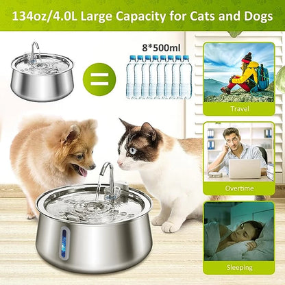 4L Cat Water Fountain Stainless Steel Automatic Pet Water Dispenser Ultra Quiet Dog Water Fountain with Filter Cat Products