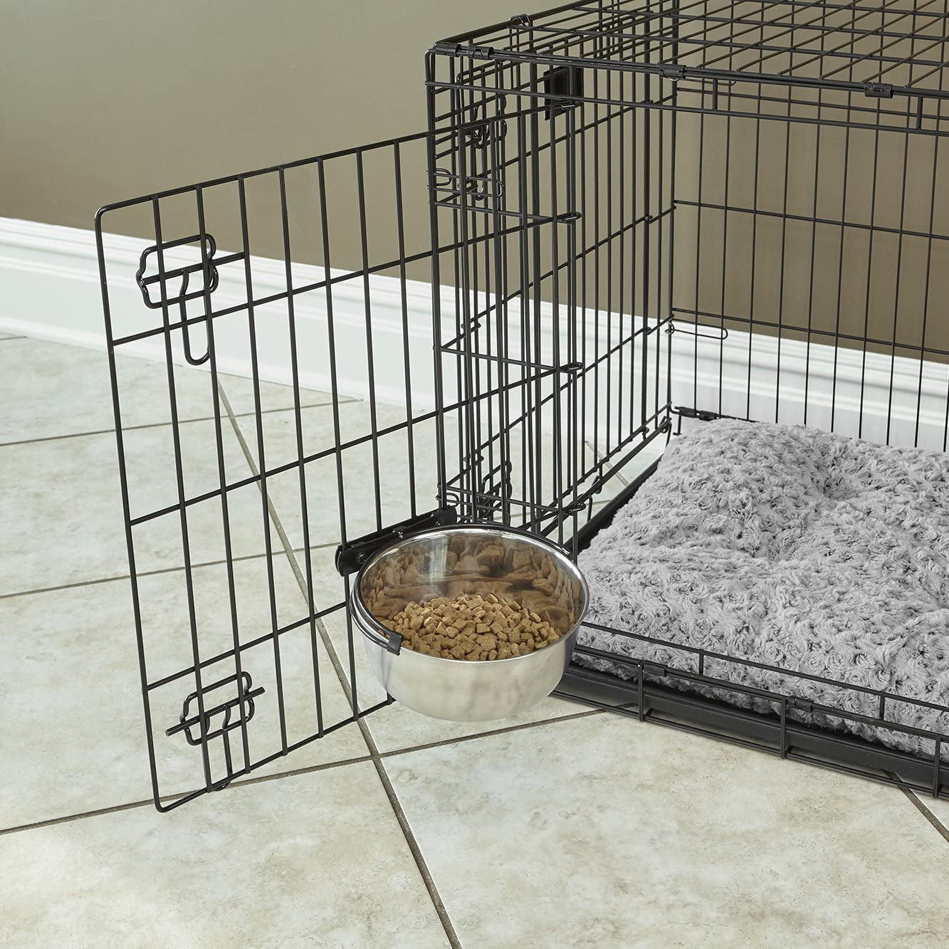 Snap Fit Stainless Steel Food or Water Bowl, Holds 10 Ounces, Mounts to Wire Crates, No-Tip Design, Rust-Resistant, for Small Dogs and Cats