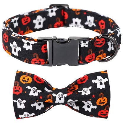 Maca Bates Halloween Dog Collar, Adjustable Ghost & Pumpkin Collar with Bowtie, Birthday Gift for Dogs of All Sizes