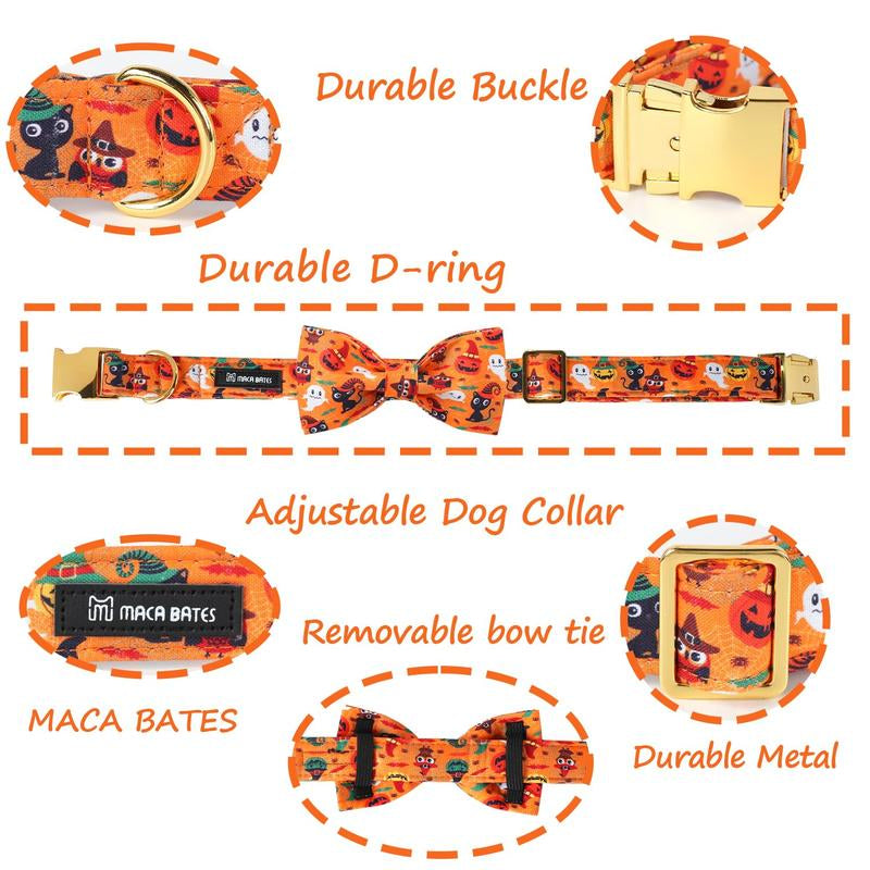 Maca Bates Halloween Dog Collar, Adjustable Ghost & Pumpkin Collar with Bowtie, Birthday Gift for Dogs of All Sizes