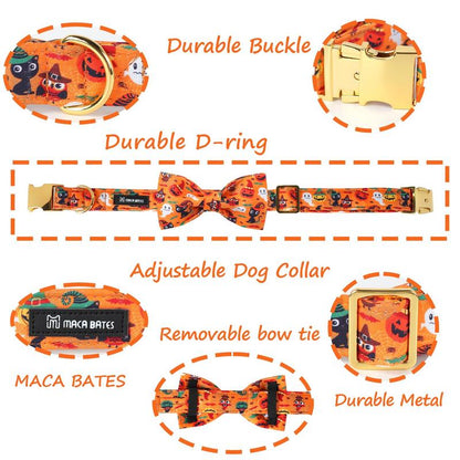 Maca Bates Halloween Dog Collar, Adjustable Ghost & Pumpkin Collar with Bowtie, Birthday Gift for Dogs of All Sizes